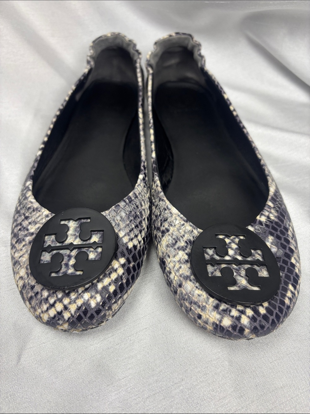 Tory Burch Snake-Print Logo Ballet Flats in Black and Cream